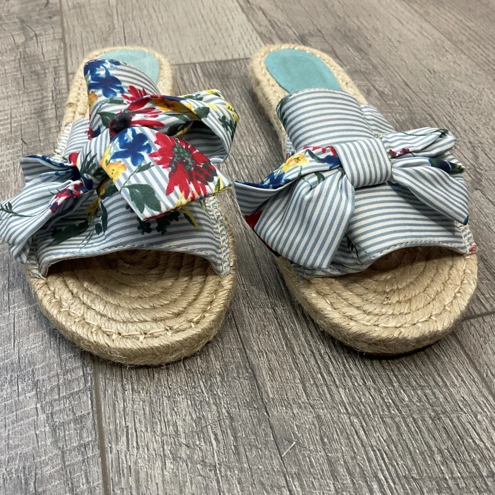 Vintage Havana Lilly Blue Floral Striped Bow Espadrille Slide Sandals Woman's 10 - Picture 2 of 10